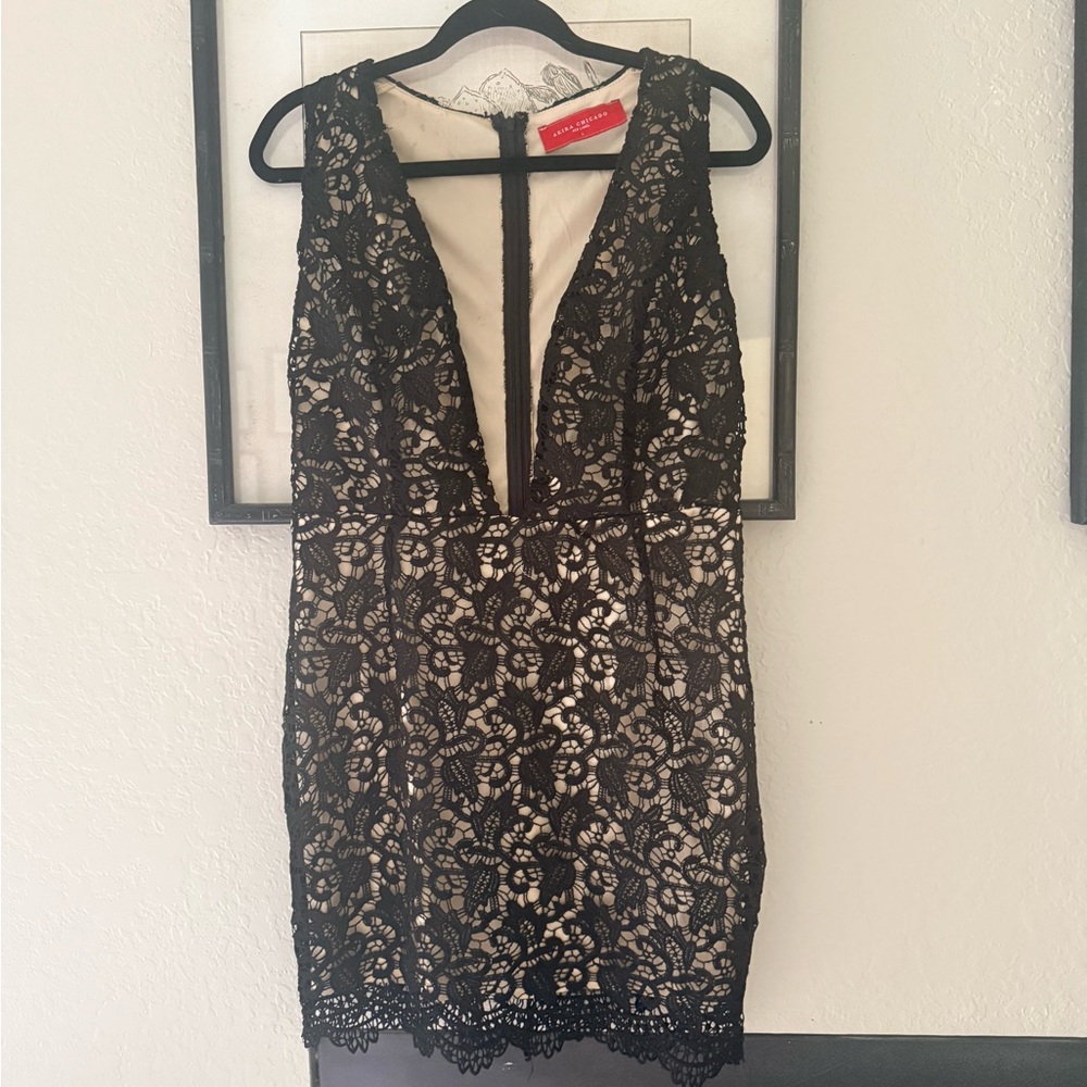 AKIRA Chicago Black Lace Bodycon Dress – Nude Lining – Deep V